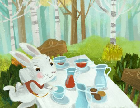 Téléchargez les photos : Scène de dessin animé avec table à manger comme pique-nique dans la forêt fête farfelue avec lapin lapin illustration pour les enfants - en image libre de droit