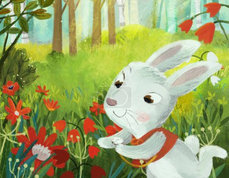 Foto de Escena de dibujos animados con prado de aspecto mágico en el bosque en el día soleado con conejo conejito ilustración para niños - Imagen libre de derechos