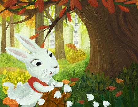 Téléchargez les photos : Scène de dessin animé avec prairie magique à la recherche dans la forêt dans la journée ensoleillée avec lapin lapin illustration pour les enfants - en image libre de droit