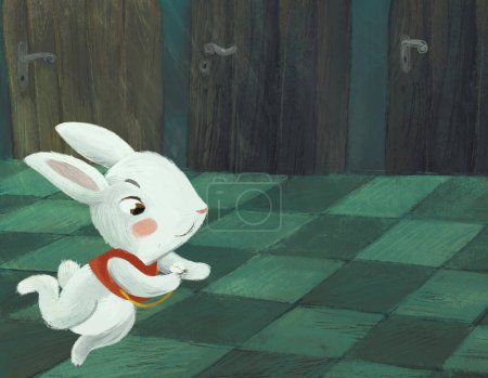 Téléchargez les photos : Scène de dessin animé dans la pièce cachée d'un château comme une maison avec beaucoup de portes avec lapin lapin illustration pour les enfants - en image libre de droit