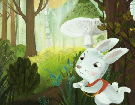 Téléchargez les photos : Scène de dessin animé avec prairie magique à la recherche dans la forêt dans la journée ensoleillée avec lapin lapin illustration pour les enfants - en image libre de droit