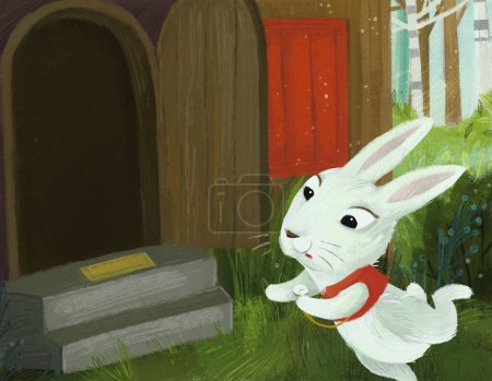 Foto de Escena de dibujos animados en la habitación oculta de una casa acogedora como la casa con un montón de puertas con conejo conejito ilustración para niños - Imagen libre de derechos