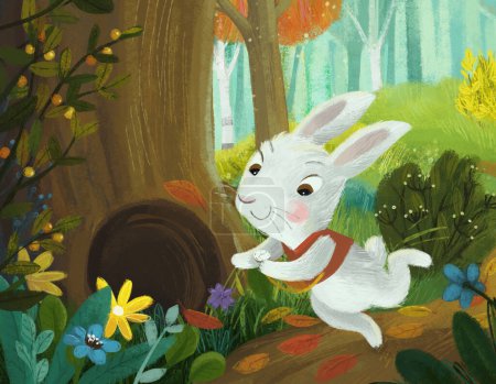 Photo for Cartoon scene with magicaly looking meadow in the forest in sunny day with rabbit bunny illustration for kids - Royalty Free Image