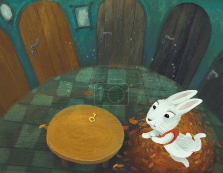 Téléchargez les photos : Scène de dessin animé dans la pièce cachée d'un château comme une maison avec beaucoup de portes et table ronde et feuilles d'automne avec lapin lapin illustration pour les enfants - en image libre de droit