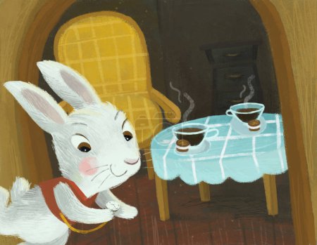 Foto de Escena de dibujos animados en la habitación oculta de una casa acogedora como la casa con un montón de puertas con conejo conejito ilustración para niños - Imagen libre de derechos