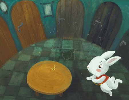 Téléchargez les photos : Scène de dessin animé dans la pièce cachée d'un château comme une maison avec beaucoup de portes et table ronde et feuilles d'automne avec lapin lapin illustration pour les enfants - en image libre de droit