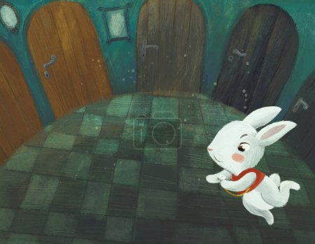 Photo for Cartoon scene in the hidden room of some castle like house with lots of doors and round table and autumn leafs with rabbit bunny illustration for kids - Royalty Free Image