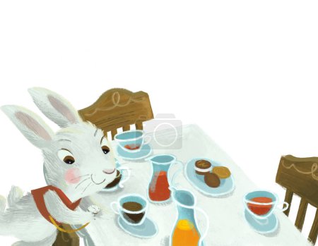 Téléchargez les photos : Scène de dessin animé avec table à manger et beaucoup de nourriture sur fond blanc avec lapin lapin illustration pour les enfants - en image libre de droit