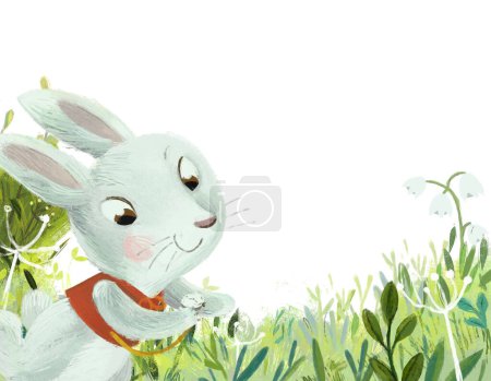 Foto de Escena de dibujos animados con prado de aspecto mágico en el bosque en el día soleado con conejo conejito ilustración para niños - Imagen libre de derechos
