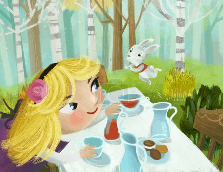 Téléchargez les photos : Scène de dessin animé avec table à manger comme pique-nique dans la forêt fête farfelue avec fille enfant et lapin lapin illustration pour les enfants - en image libre de droit