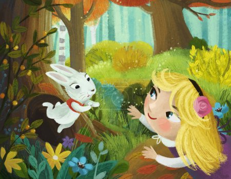 Photo for Cartoon scene with magicaly looking meadow in the forest in sunny day with girl child and rabbit bunny illustration for kids - Royalty Free Image
