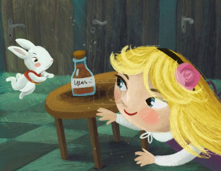 Photo for Cartoon scene in the hidden room of some castle like house with lots of doors and round table and golden key with girl child and rabbit bunny illustration for kids - Royalty Free Image