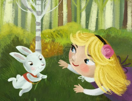 Téléchargez les photos : Scène de dessin animé avec prairie magique à la recherche dans la forêt dans la journée ensoleillée avec fille enfant et lapin lapin illustration pour enfants - en image libre de droit