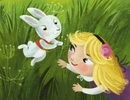 Photo for Cartoon scene with magicaly looking meadow in the forest in sunny day with girl child and rabbit bunny illustration for kids - Royalty Free Image