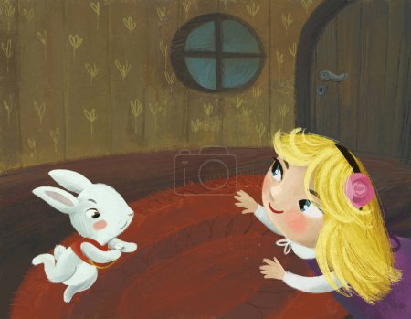 Foto de Escena de dibujos animados en la habitación oculta de una casa acogedora como casa con niña niña y conejo conejito ilustración para niños - Imagen libre de derechos