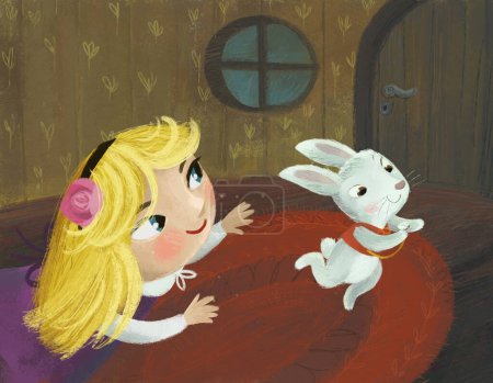 Photo for Cartoon scene in the hidden room of some cosy house like house with girl child and rabbit bunny illustration for kids - Royalty Free Image