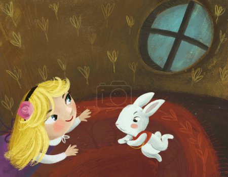 Photo for Cartoon scene in the hidden room of some cosy house like house with girl child and rabbit bunny illustration for kids - Royalty Free Image