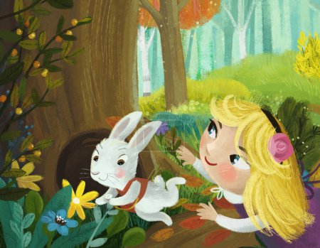 Téléchargez les photos : Scène de dessin animé avec prairie magique à la recherche dans la forêt dans la journée ensoleillée avec fille enfant et lapin lapin illustration pour enfants - en image libre de droit