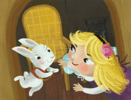 Photo for Cartoon scene in the hidden room of some cosy house like house with lots of doors with girl child and rabbit bunny illustration for kids - Royalty Free Image