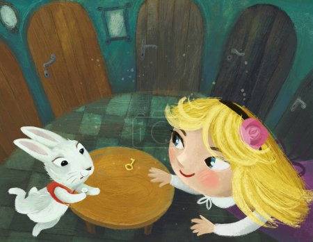 Photo for Cartoon scene in the hidden room of some castle like house with lots of doors and round table and autumn leafs with girl child and rabbit bunny illustration for kids - Royalty Free Image