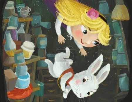 Téléchargez les photos : Scène de dessin animé avec trou caché d'un garde-manger plein de pots avec fille enfant et lapin lapin illustration pour les enfants - en image libre de droit