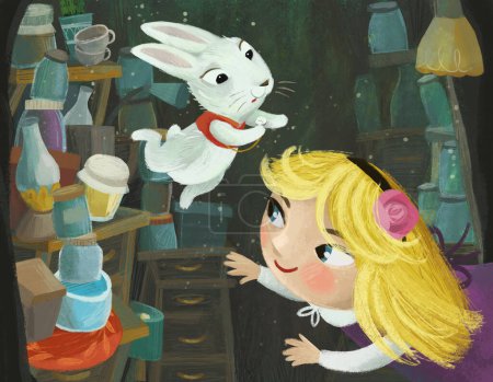 Photo for Cartoon scene with hidden hole of some pantry full of jars with girl child and rabbit bunny illustration for kids - Royalty Free Image