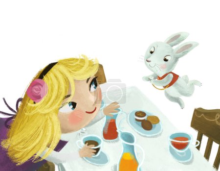 Téléchargez les photos : Scène de dessin animé avec table à manger et beaucoup de nourriture sur fond blanc avec fille enfant et lapin lapin illustration pour les enfants - en image libre de droit