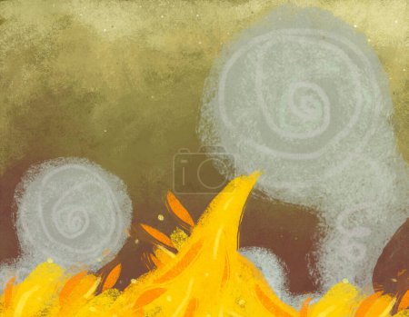 Téléchargez les photos : Scène de dessin animé avec feu avec ciel d'automne doré comme arrière-plan avec du vent et de légères touches illustration pour les enfants - en image libre de droit