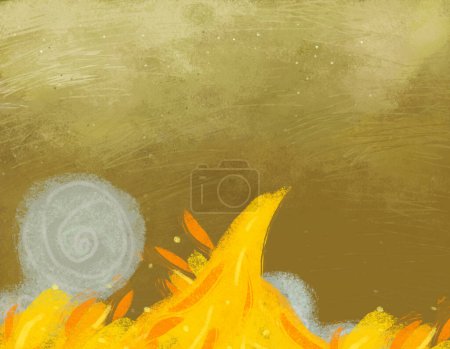 Téléchargez les photos : Scène de dessin animé avec feu avec ciel d'automne doré comme arrière-plan avec du vent et de légères touches illustration pour les enfants - en image libre de droit