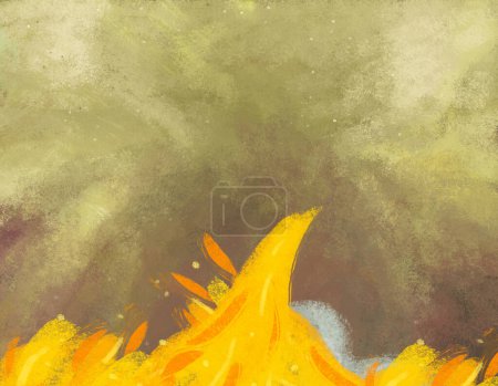 Foto de Escena de dibujos animados con fuego con cielo dorado de otoño como fondo con viento e ilustración de trazos ligeros para niños - Imagen libre de derechos