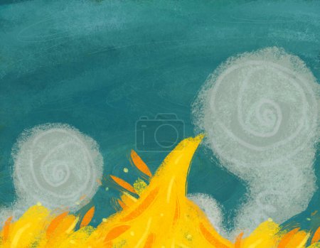 Foto de Escena de dibujos animados con fuego con cielo azul como fondo con golpes de viento ilustración para niños - Imagen libre de derechos