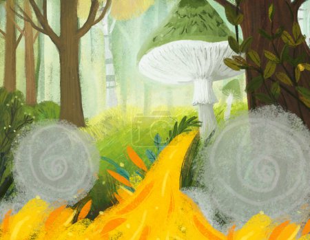 Photo for Cartoon scene with fire with magicaly looking meadow in the forest in sunny day illustration for kids - Royalty Free Image