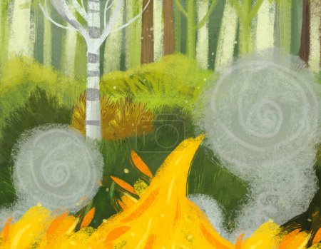 Téléchargez les photos : Scène de dessin animé avec feu avec prairie magique dans la forêt en journée ensoleillée illustration pour les enfants - en image libre de droit