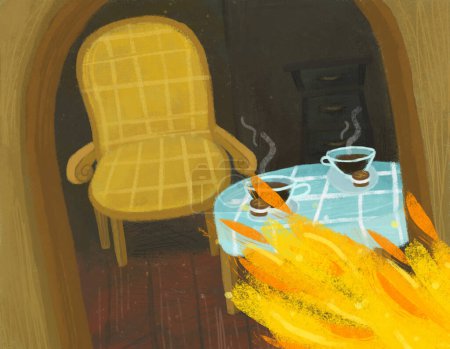 Téléchargez les photos : Scène de dessin animé avec feu dans la pièce cachée d'une maison confortable comme la maison avec beaucoup de portes illustration pour les enfants - en image libre de droit