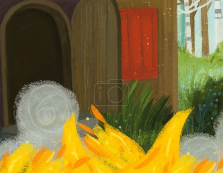 Photo for Cartoon scene with fire in the hidden room of some cosy house like house with lots of doors illustration for kids - Royalty Free Image