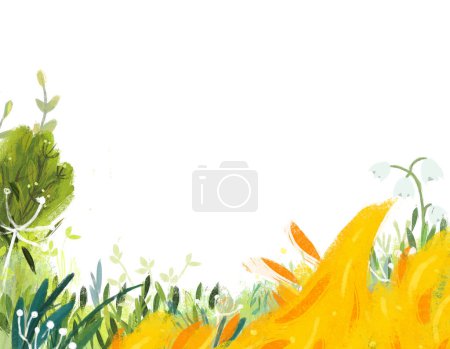 Téléchargez les photos : Scène de dessin animé avec feu avec prairie magique dans la forêt en journée ensoleillée illustration pour les enfants - en image libre de droit