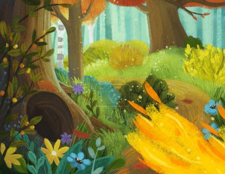 Téléchargez les photos : Scène de dessin animé avec lézard dragon avec prairie magique dans la forêt en journée ensoleillée illustration pour les enfants - en image libre de droit