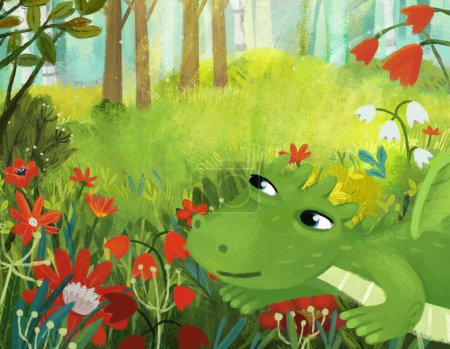 Photo for Cartoon scene with dragon lizard with magicaly looking meadow in the forest in sunny day illustration for kids - Royalty Free Image