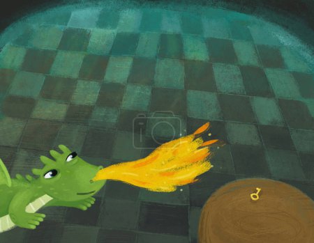 Foto de Escena de dibujos animados con lagarto dragón en la habitación oculta de algún castillo como casa con muchas puertas y mesa redonda e ilustración de llave dorada para niños - Imagen libre de derechos