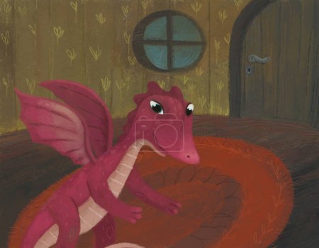 Téléchargez les photos : Scène de dessin animé avec lézard dragon dans la pièce cachée d'une maison confortable comme la maison avec beaucoup de portes illustration pour les enfants - en image libre de droit