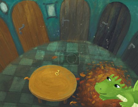 Photo for Cartoon scene with dragon lizard in the hidden room of some castle like house with lots of doors and round table and autumn leafs illustration for kids - Royalty Free Image