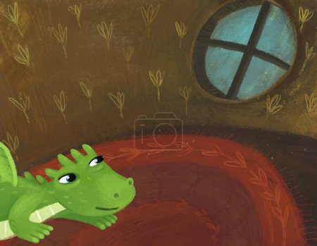 Photo for Cartoon scene with dragon lizard in the hidden room of some cosy house like house with lots of doors illustration for kids - Royalty Free Image
