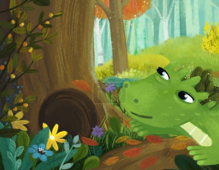 Photo for Cartoon scene with dragon lizard with magicaly looking meadow in the forest in sunny day illustration for kids - Royalty Free Image
