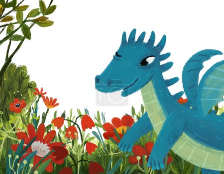 Téléchargez les photos : Scène de dessin animé avec lézard dragon avec prairie magique dans la forêt en journée ensoleillée illustration pour les enfants - en image libre de droit