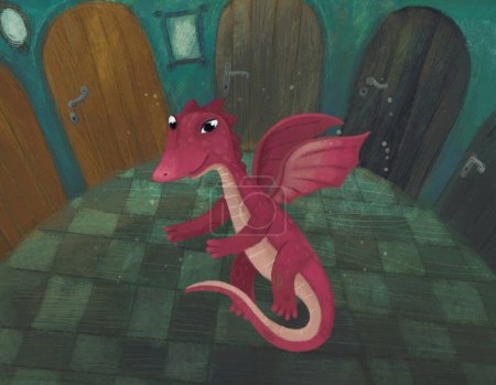 Téléchargez les photos : Scène de dessin animé avec lézard dragon dans la pièce cachée d'un château comme une maison avec beaucoup de portes et table ronde et illustration de feuilles d'automne pour les enfants - en image libre de droit