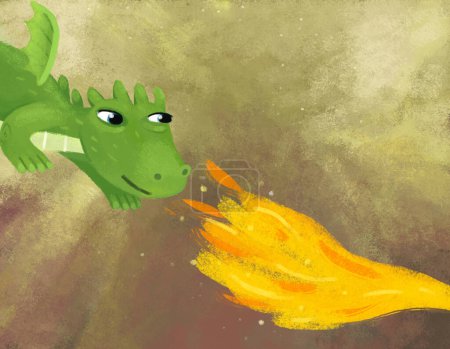 Foto de Escena de dibujos animados con lagarto dragón con cielo dorado de otoño como fondo con viento e ilustración de trazos ligeros para niños - Imagen libre de derechos
