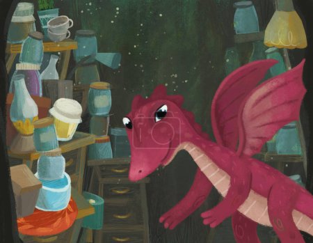 Photo for Cartoon scene with dragon lizard with hidden hole of some pantry full of jars illustration for kids - Royalty Free Image
