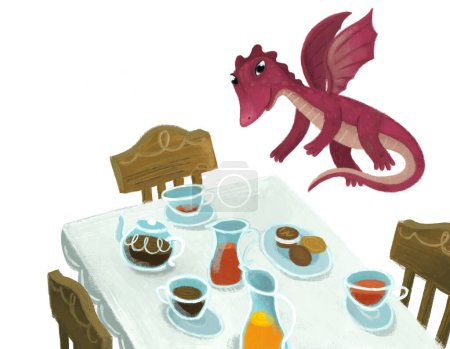 Foto de Escena de dibujos animados con lagarto dragón con mesa de cena y mucha comida sobre fondo blanco ilustración para niños - Imagen libre de derechos