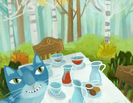 Téléchargez les photos : Scène de dessin animé avec chat magique avec table à manger comme pique-nique dans la forêt illustration de fête farfelue pour les enfants - en image libre de droit