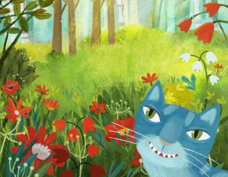 Téléchargez les photos : Scène de dessin animé avec chat magique avec prairie magique dans la forêt en journée ensoleillée illustration pour les enfants - en image libre de droit